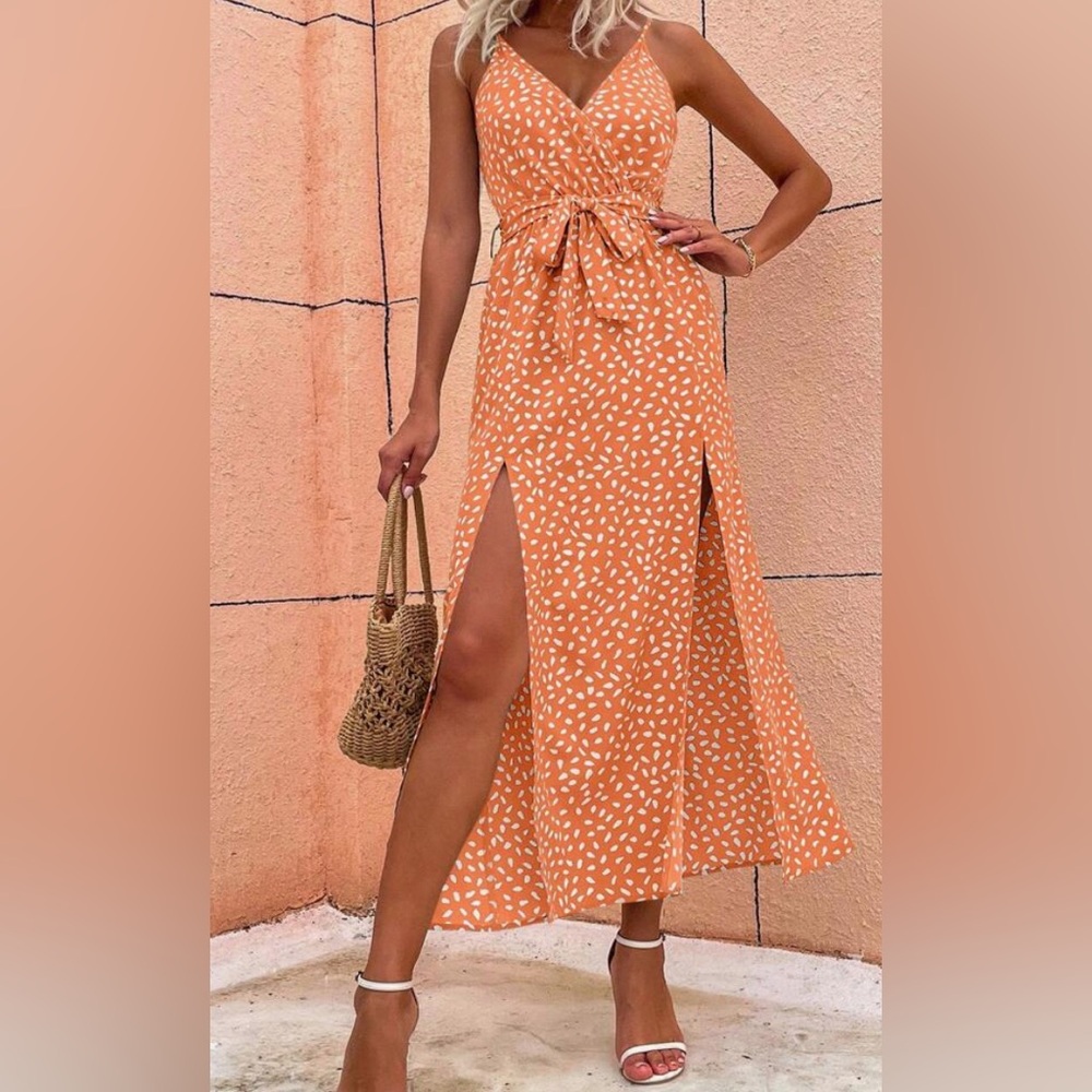 New Boho Women Cami Sleveless Slit Thighs Orange and White Dress Size M